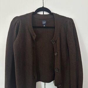 GAP Chocolate Brown Puff Sleeve Button Cardigan